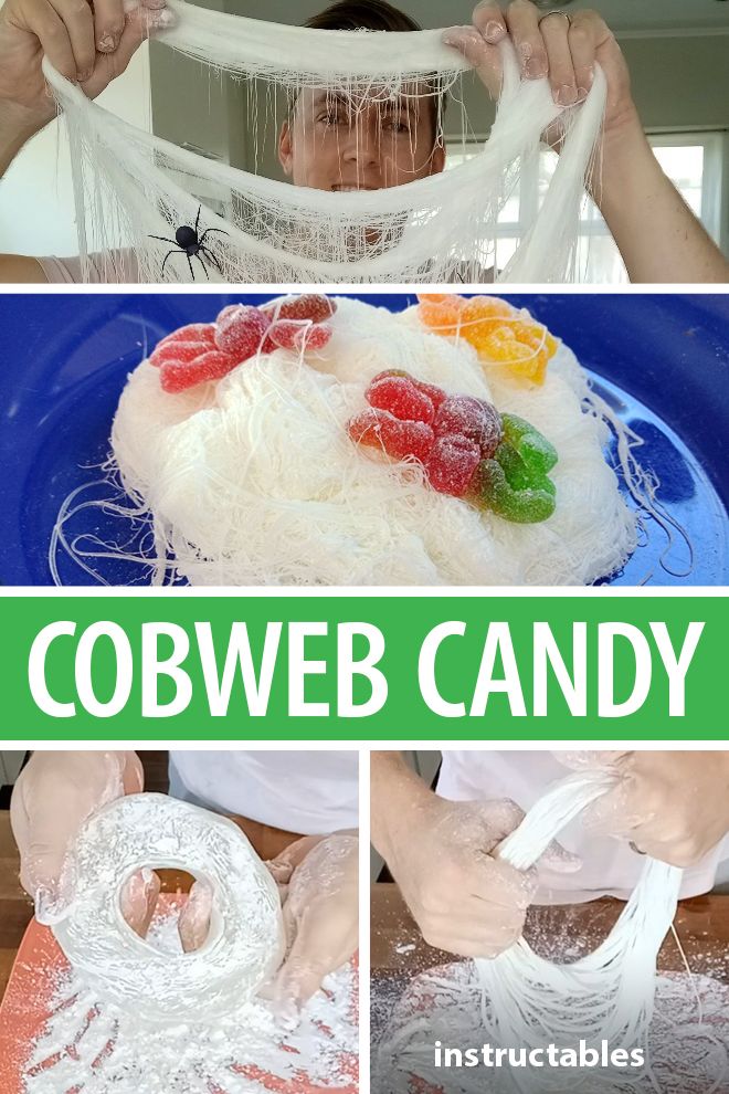 a collage of pictures showing how to make a gummy bear cake with the words cobweb candy on it