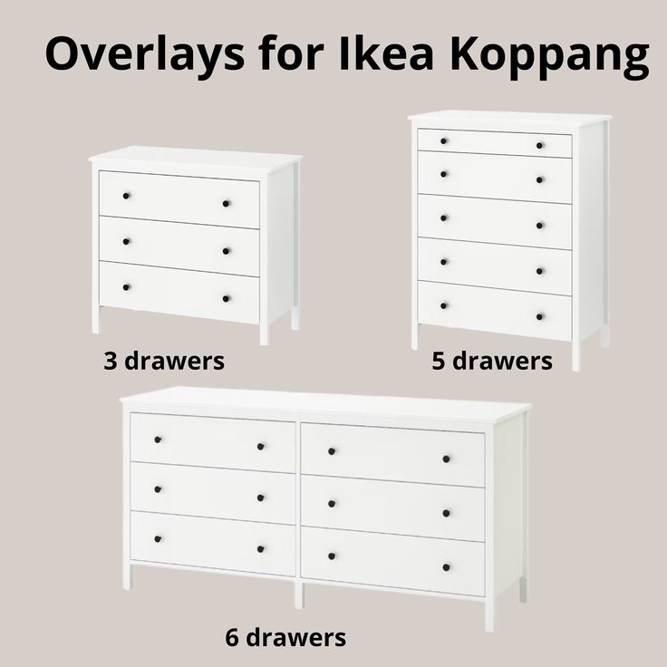 four drawers are shown with the measurements for each drawer and how to put them in