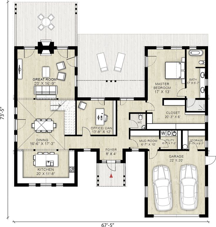 a floor plan for a house with two living areas and an attached kitchen area in the middle