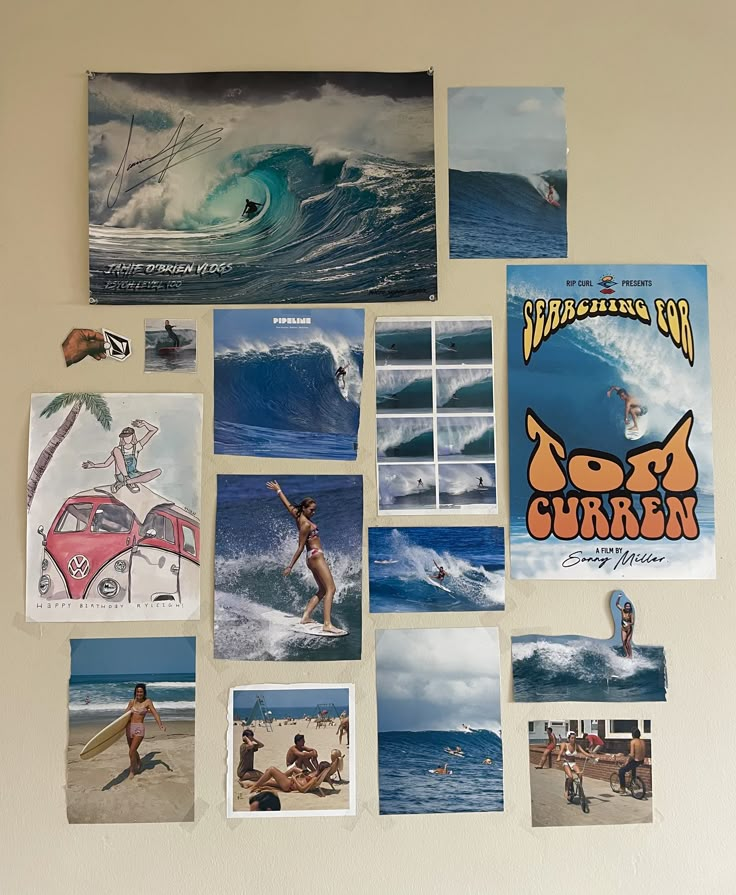 several pictures are hanging on the wall with surfboards and people in the water behind them