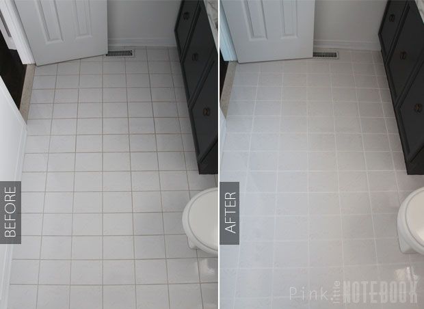 before and after shots of a bathroom with white tile flooring, walls and cabinets