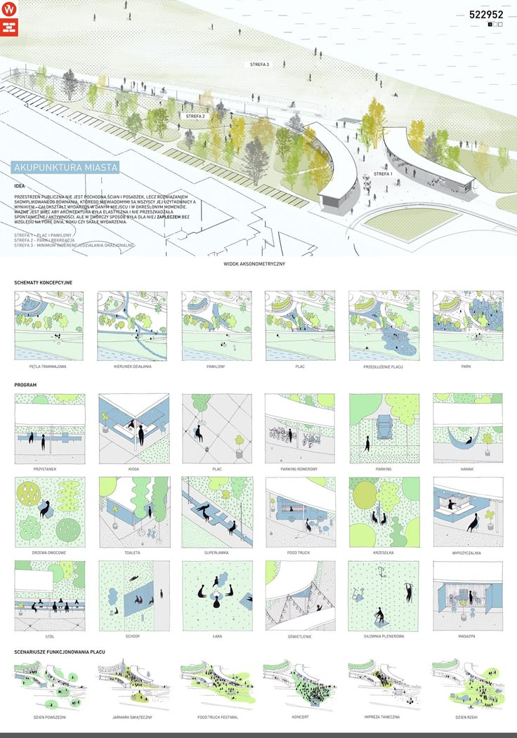 the diagram shows how people are walking and riding in different directions, with trees on each side