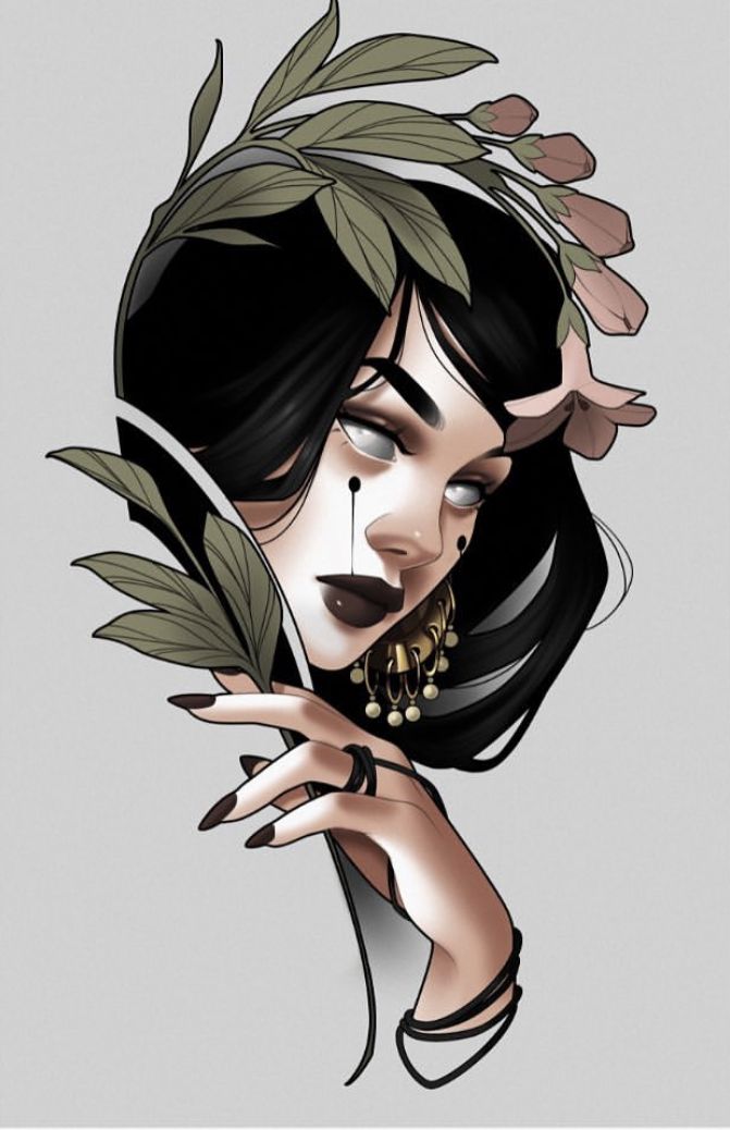 a drawing of a woman with black hair and green leaves on her head, wearing gold jewelry