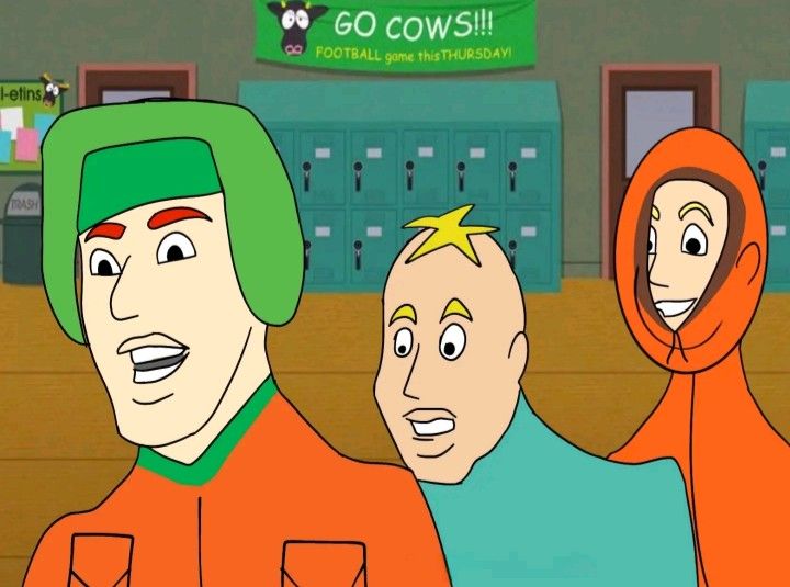 three cartoon characters are standing in front of lockers with their heads turned to the side