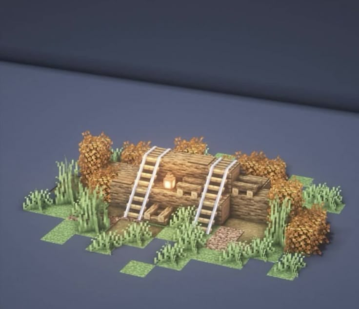 an image of a wooden log house in the middle of some grass and trees with ladders on it