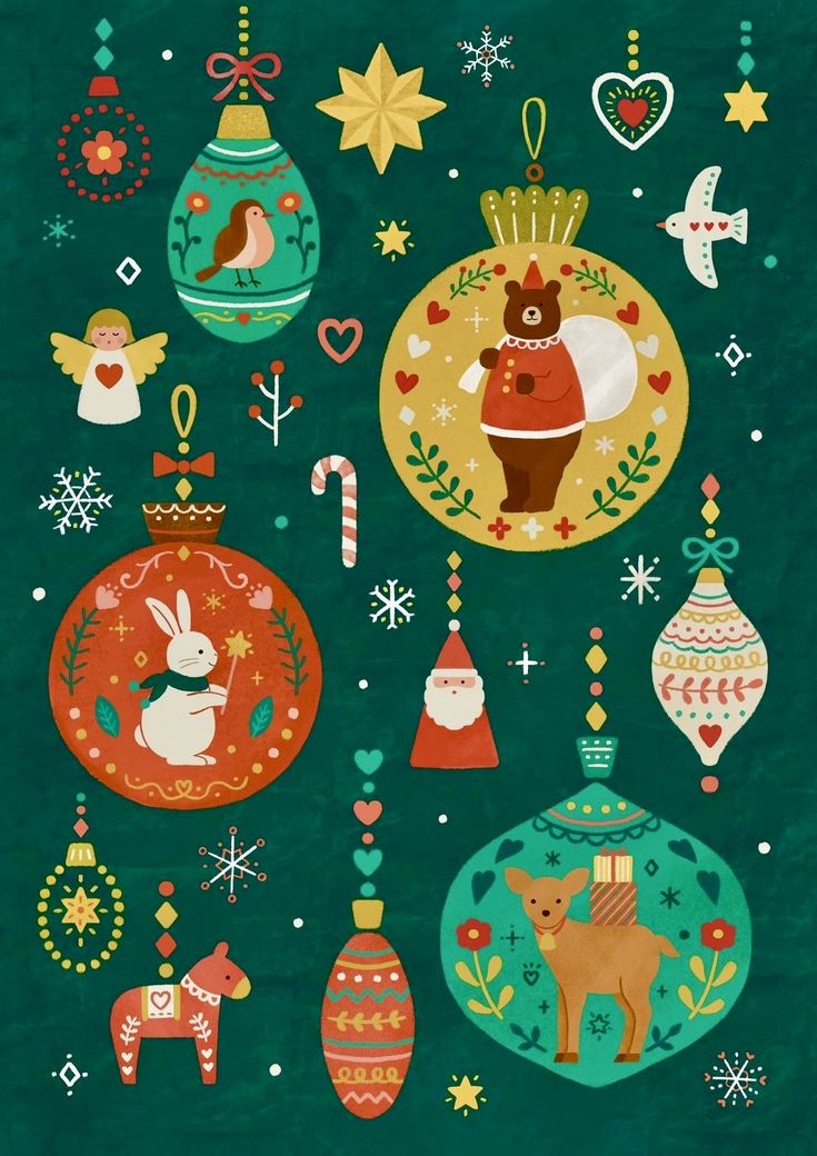 an image of christmas ornaments with animals and decorations on the bottom right hand corner in green