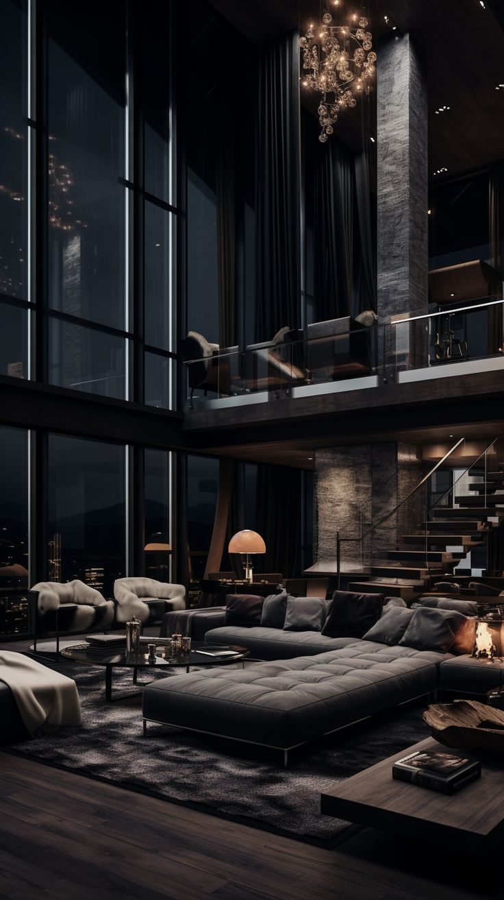 Dark Interior Design Dark House Interior, Dark Modern House, Dark Interior Design, Stairs In Living Room, Dark Living Rooms, Dark Modern, Black Interior Design, Dark House, Dark Home