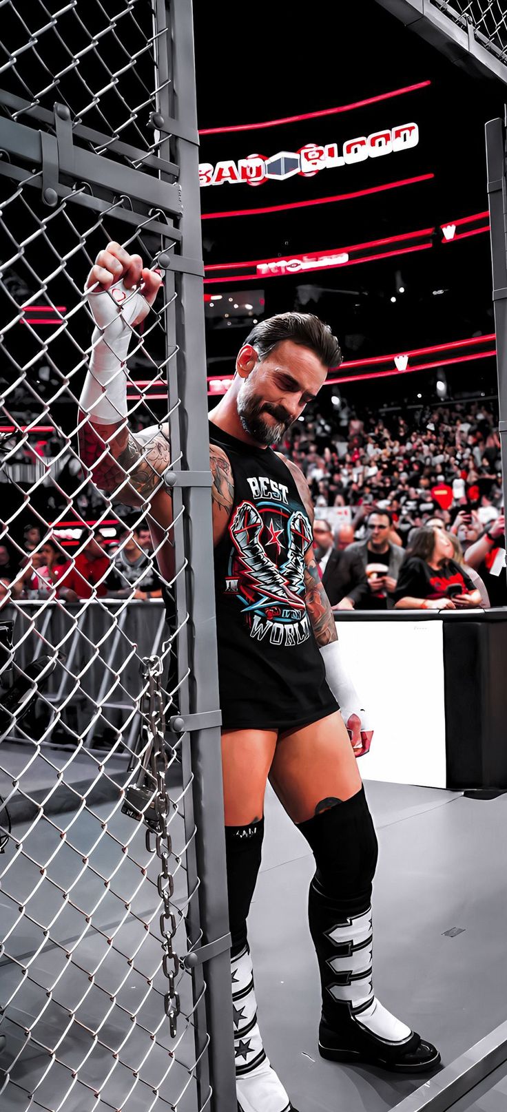 a man standing in front of a cage at a wrestling match