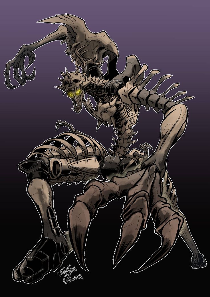 a drawing of a skeleton sitting on top of a black chair with claws in it's mouth