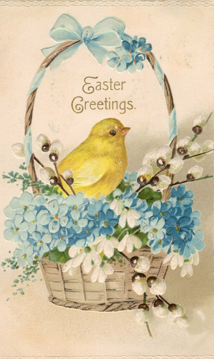 a yellow bird sitting on top of a basket filled with blue and white flowers