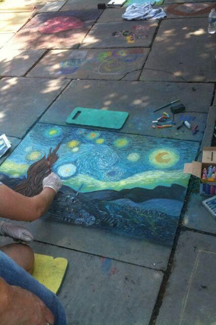 two people are sitting on the sidewalk painting