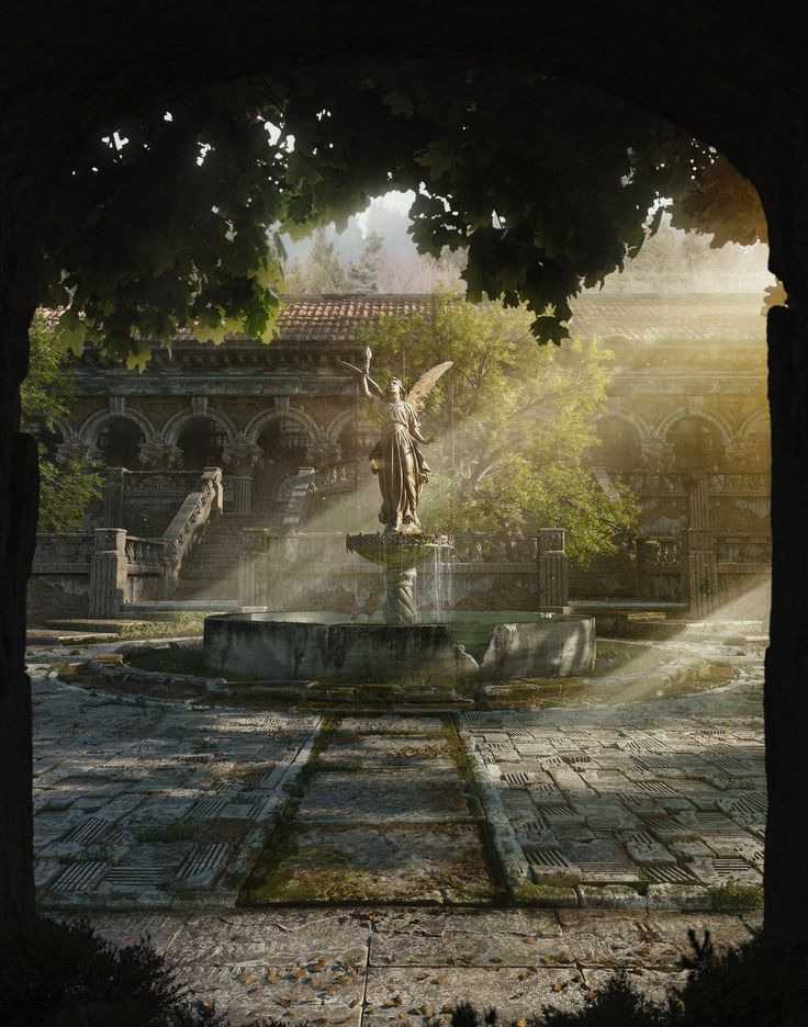 an angel statue sitting in the middle of a courtyard next to a fountain with water spouting from it