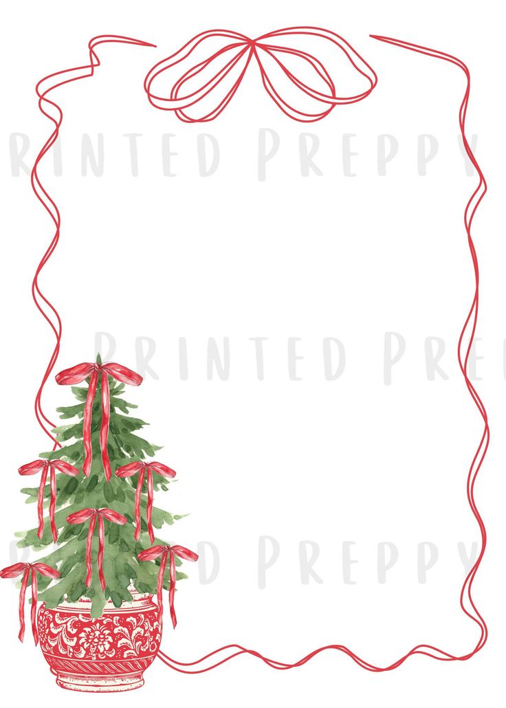 a drawing of a potted christmas tree with red ribbon