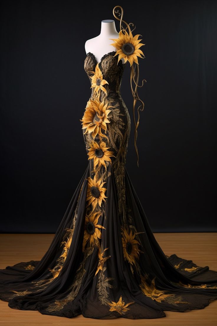 Sunflower inspired gown Yellow And Black Gown, Wedding Dresses Sunflower, Celestial Quinceanera Dress, Sunflower Prom Dress, Sunflower Dress Aesthetic, Sun Themed Outfits, Sunflower Gown, Sunflower Wedding Dress, Flower Fashion Design