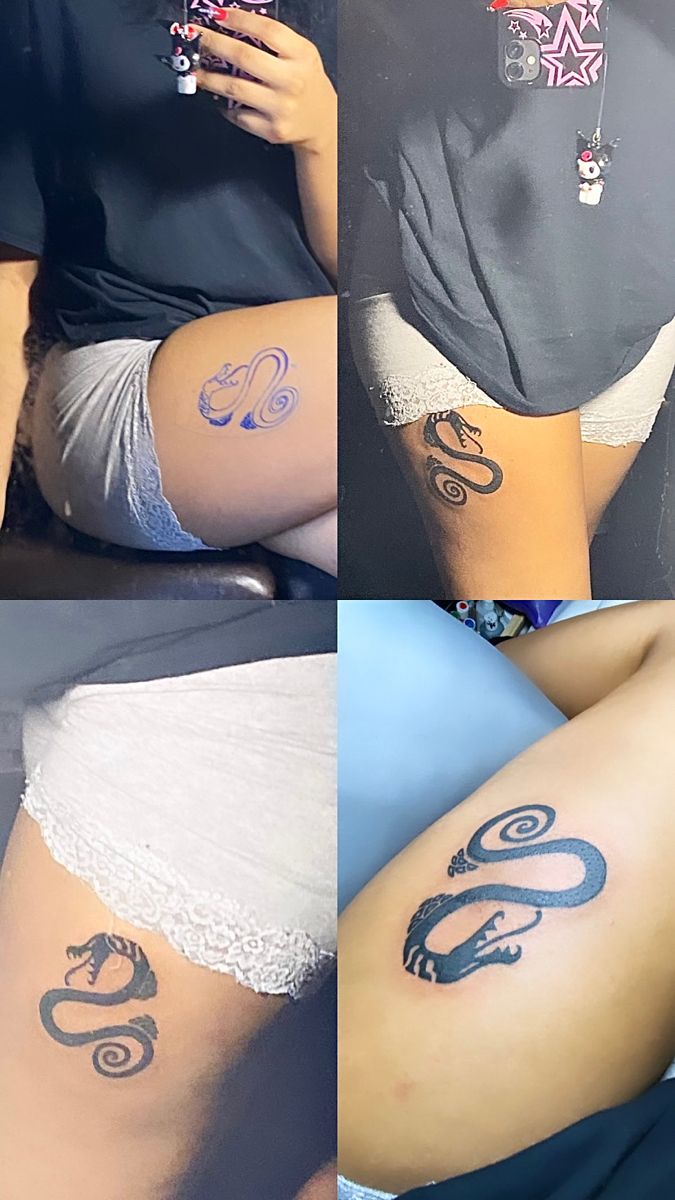 four different pictures of women with tattoos on their butts and one woman holding a cell phone