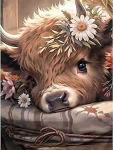 a painting of a cow with flowers in its hair