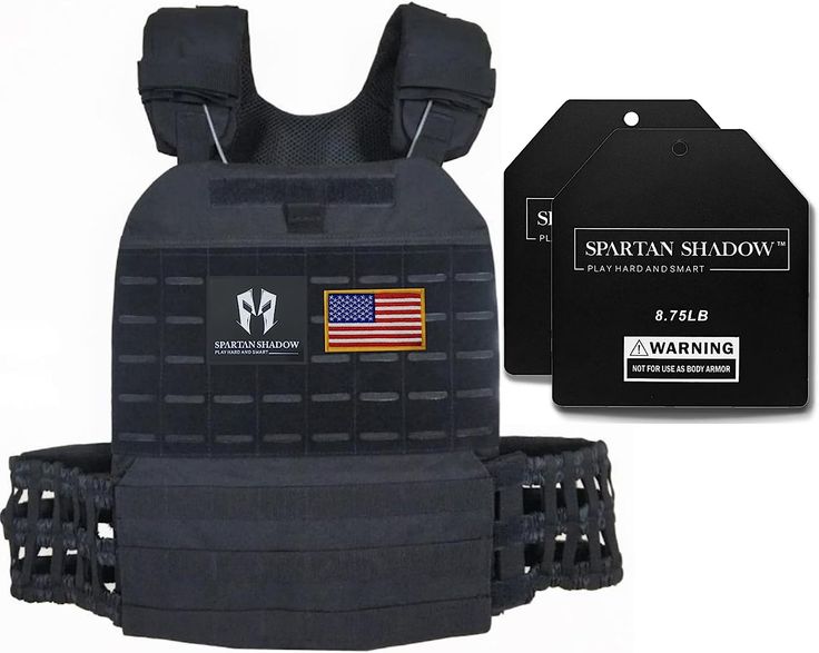 a black vest with an american flag on the back and two tags attached to it