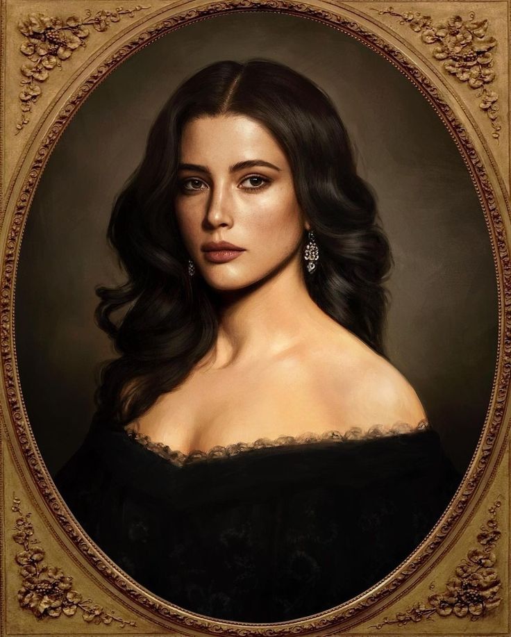 an oil painting of a woman in a black dress with long dark hair and earrings