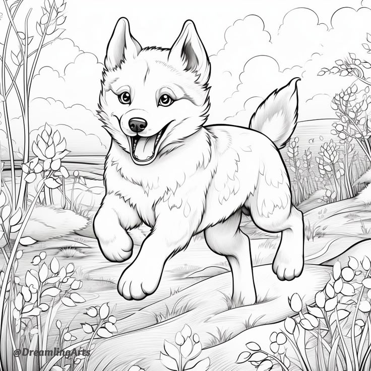 Coloring page of a Husky puppy dog running through a field. Husky Puppies Drawing, Husky Coloring Page, Puppy Drawing Sketches, Dog Colouring Pages, Dinosaurs Drawings, Dog Pictures To Color, Cute Dog Coloring Pages, Husky Drawing, Husky Colors