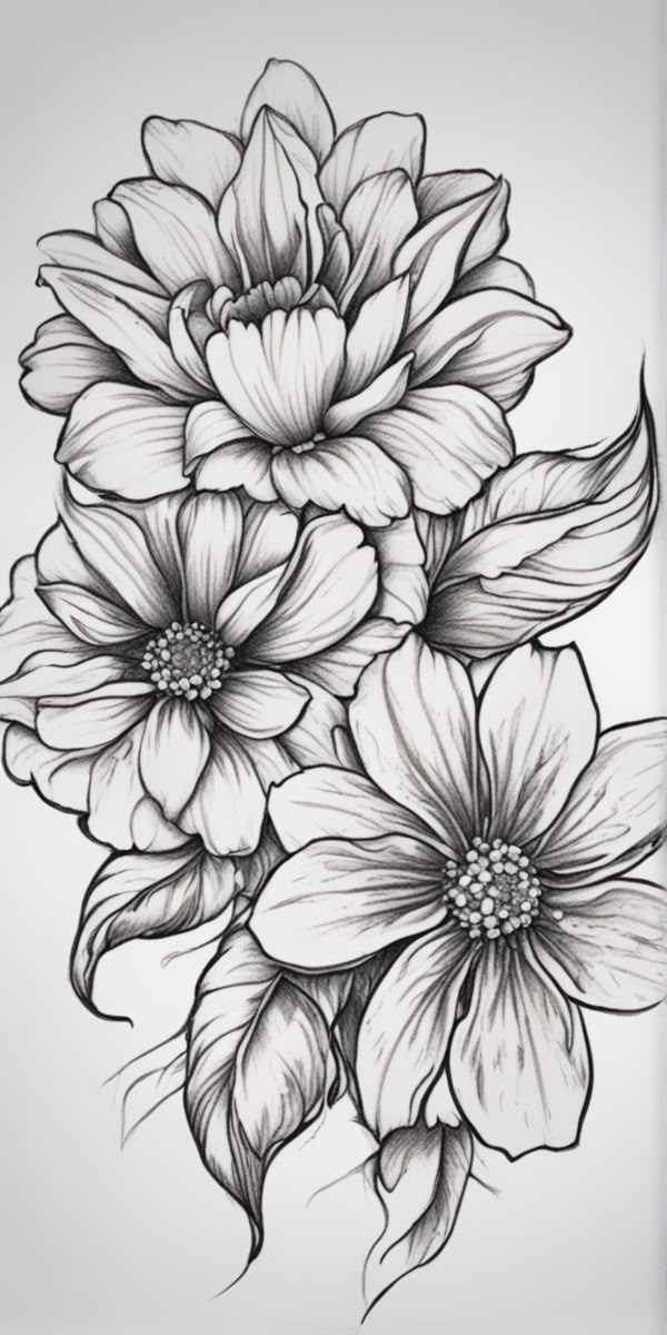 a black and white drawing of flowers