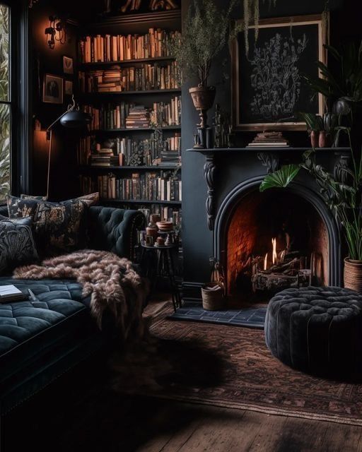 a living room filled with furniture and a fire place next to a window covered in books