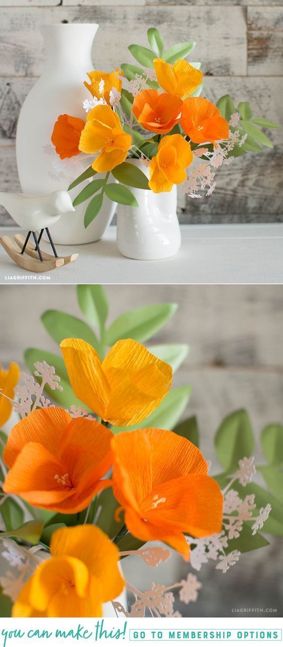 there are two vases with flowers in them and one has an orange flower on it