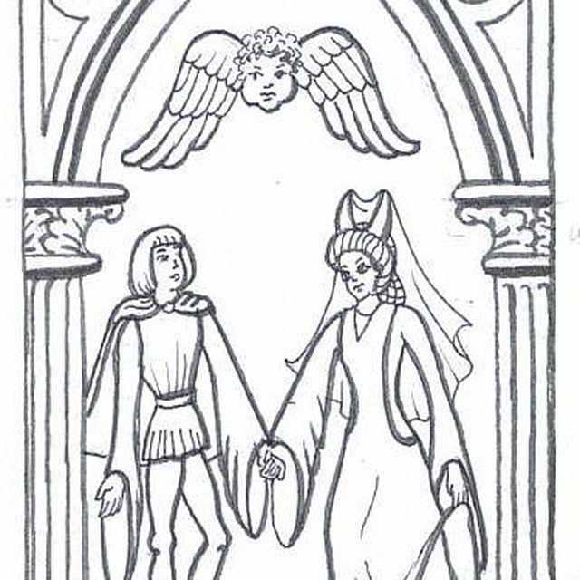 two people are standing in front of an arch with angel wings on it and one is holding the hand of another person