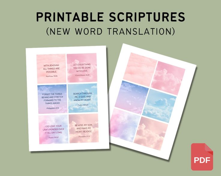 printable bible pictures with the words, new word translation and clouds in pastel colors