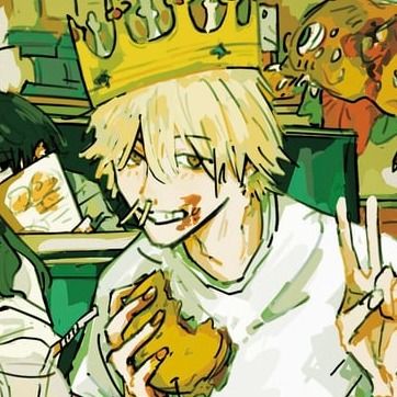 a drawing of a man with a crown on his head eating food in front of other people