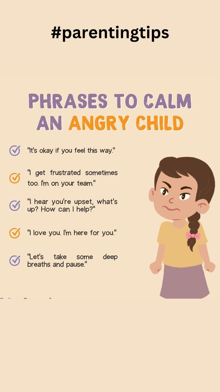 an angry child with the words, phrases to calm an angry child on it's face