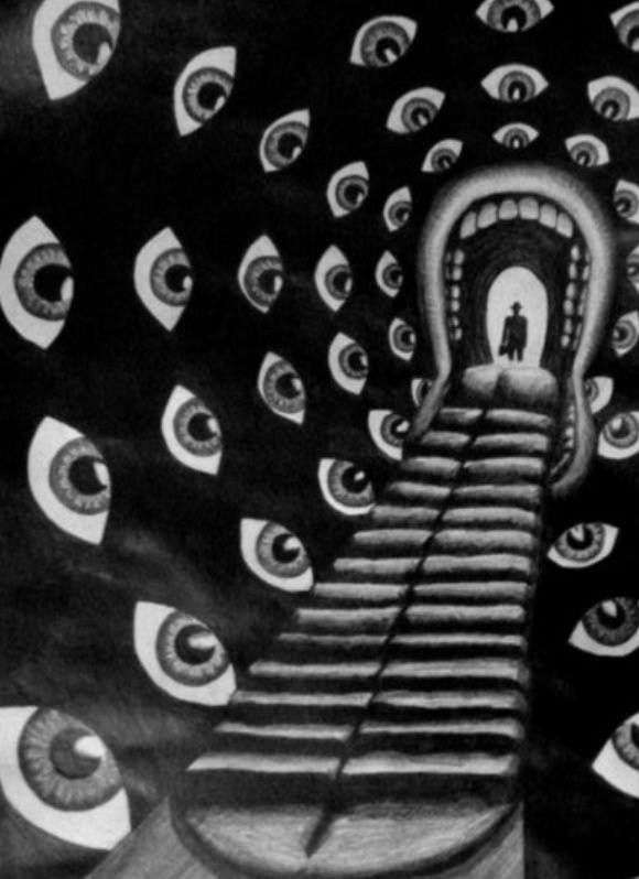 a black and white drawing of an eye staircase