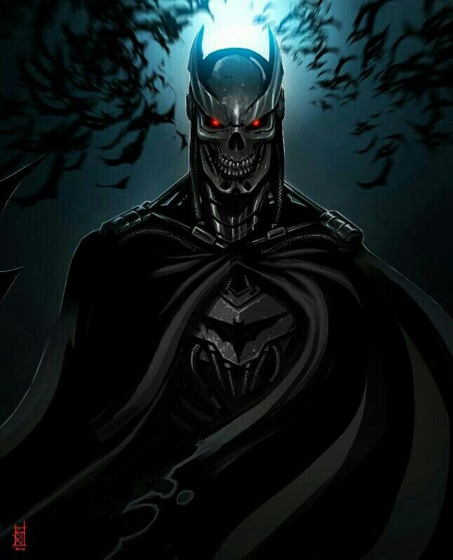 a batman with red eyes and a skull on his chest, standing in front of trees