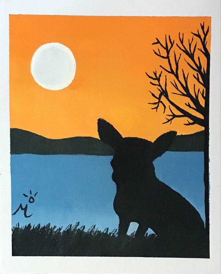 a painting of a dog sitting in front of a lake with the sun setting behind it