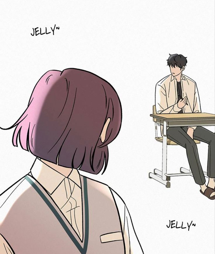 an anime character sitting at a desk with his hand on his chin, and another person standing in front of him