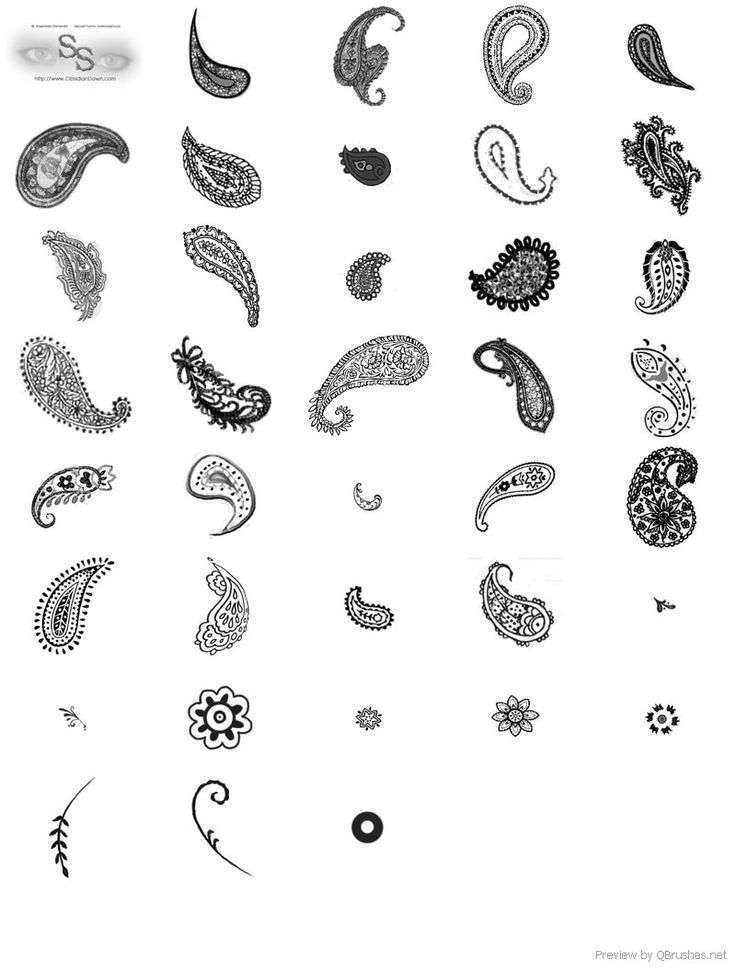 an assortment of different paisley designs on a white background with black and white inking