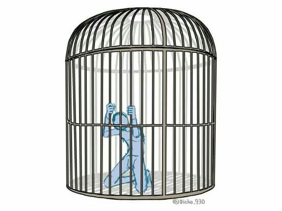 a drawing of a bird in a cage