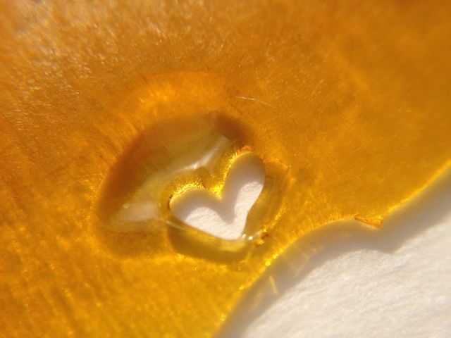 the inside of a yellow leaf with a heart shaped hole