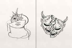 two drawings of faces with horns and flowers on their heads, one in black and the other in white