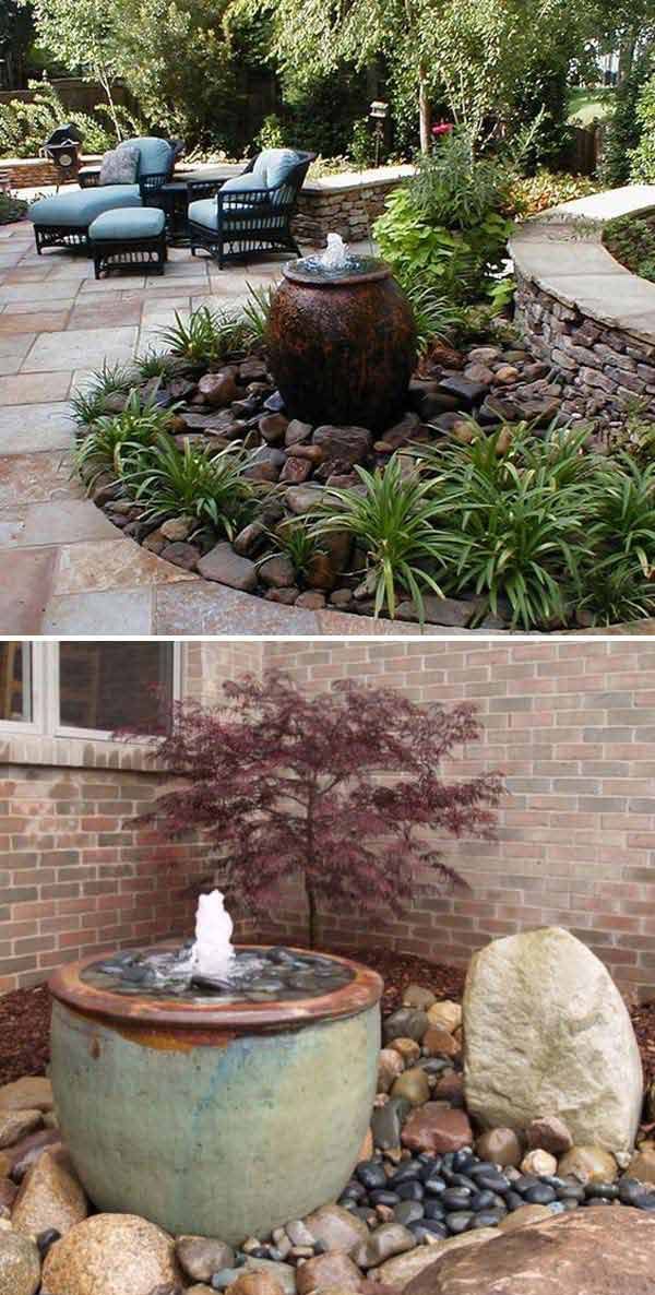 two pictures side by side one has a fountain and the other has rocks in it