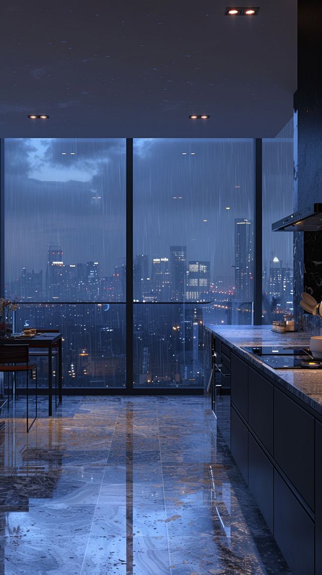 an empty kitchen with large windows overlooking the city lights at night in the rain storm