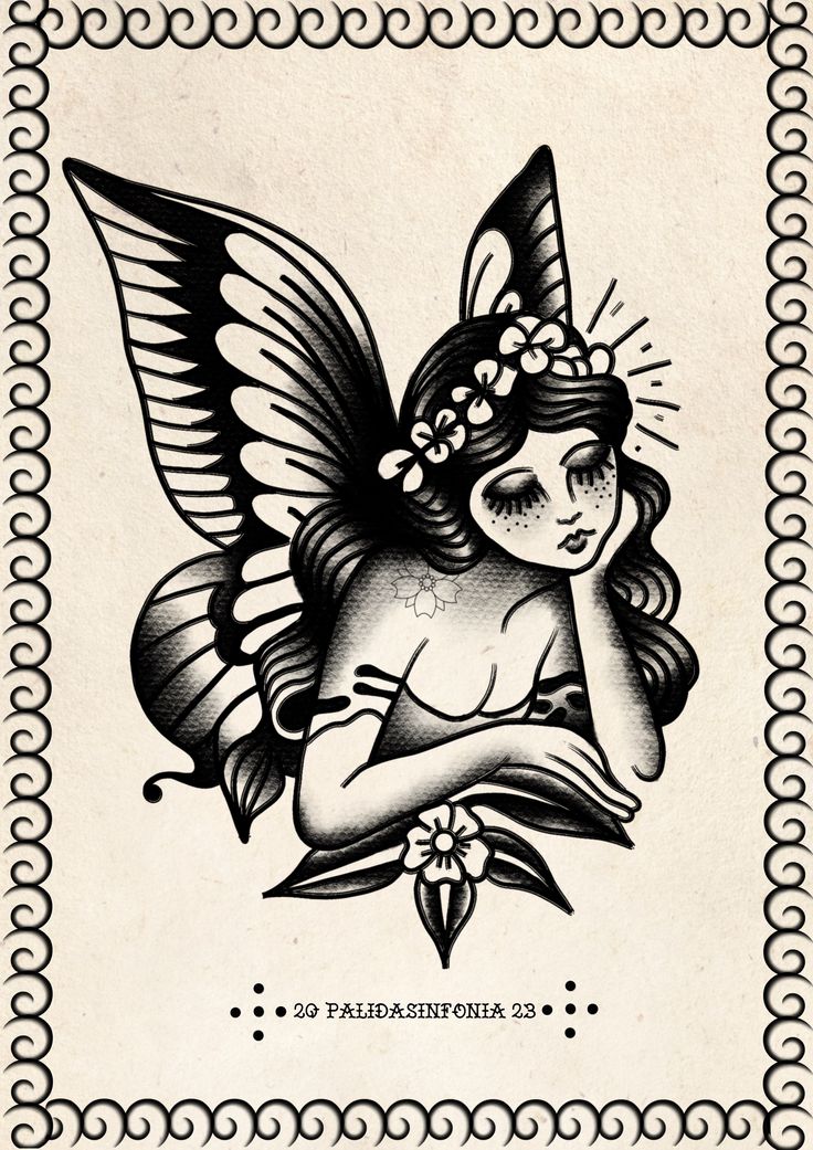 a drawing of a fairy sitting on top of a piece of paper with an angel