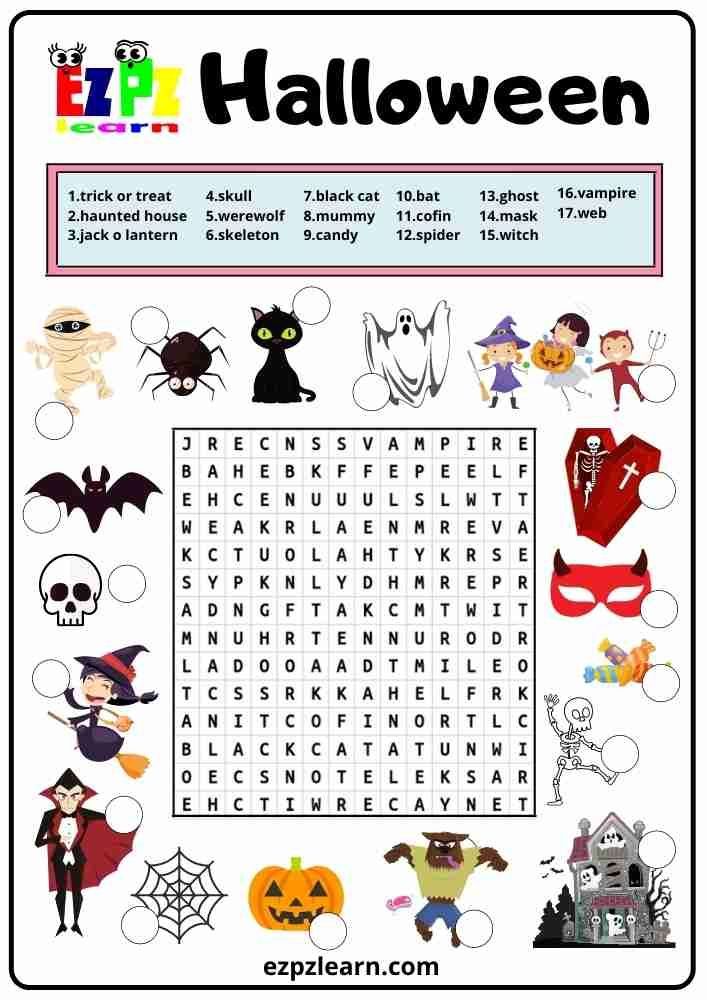 the halloween word search is shown in this printable activity sheet for kids to learn how to