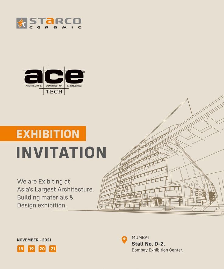 an event poster for the ace tech exhibition in london, with a drawing of a building