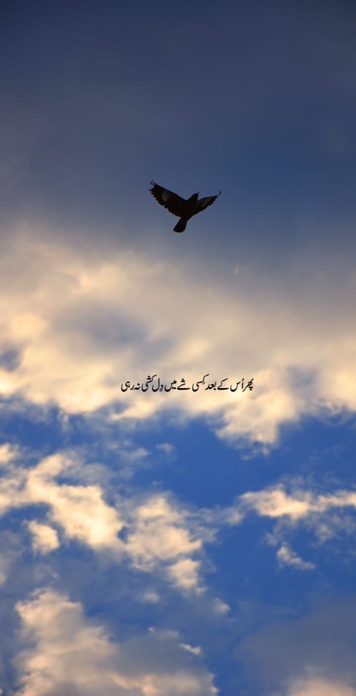 the bird is flying high in the sky with some clouds behind it and arabic writing below