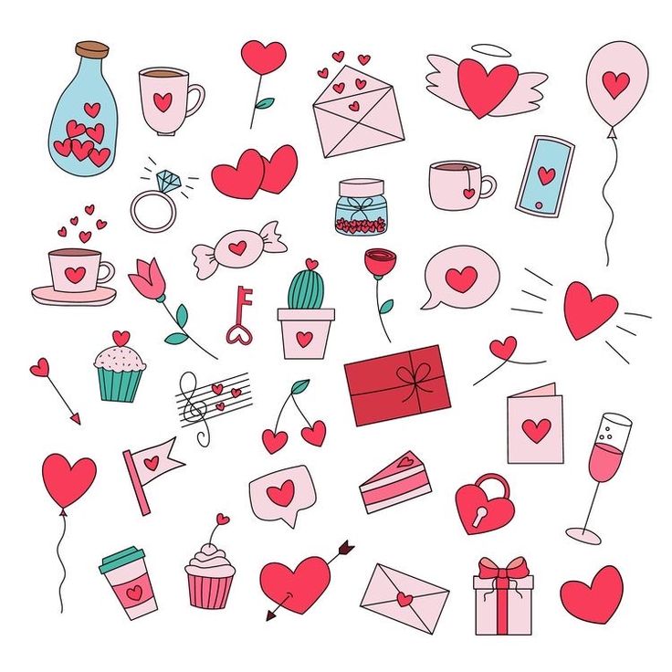 valentine's day doodles with hearts, gifts and other items on white background