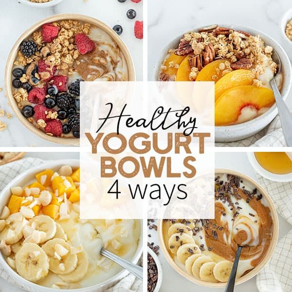 healthy yogurt bowls with fruit and granola toppings on top are shown