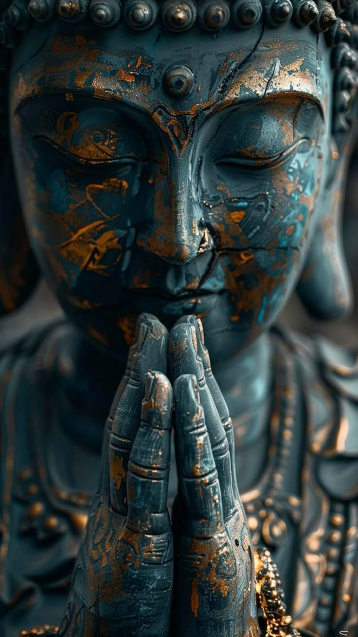 a buddha statue with his hands clasped in front of his face and eyes closed to the side