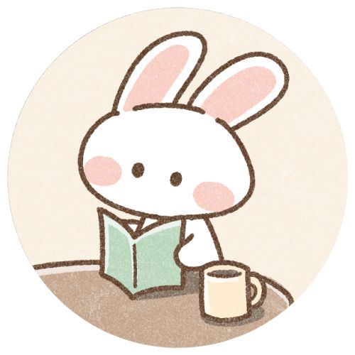 a cartoon bunny reading a book and drinking a cup of coffee while sitting at a table