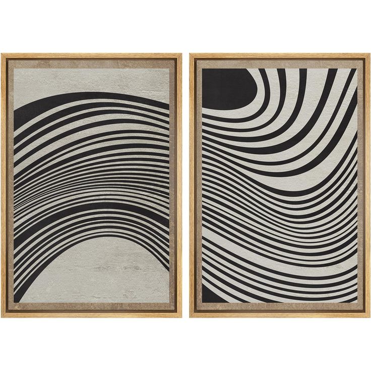 two black and white paintings with wavy lines