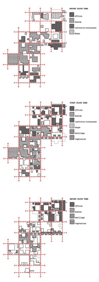 the floor plan for an apartment building with two floors and three rooms, all in different sections